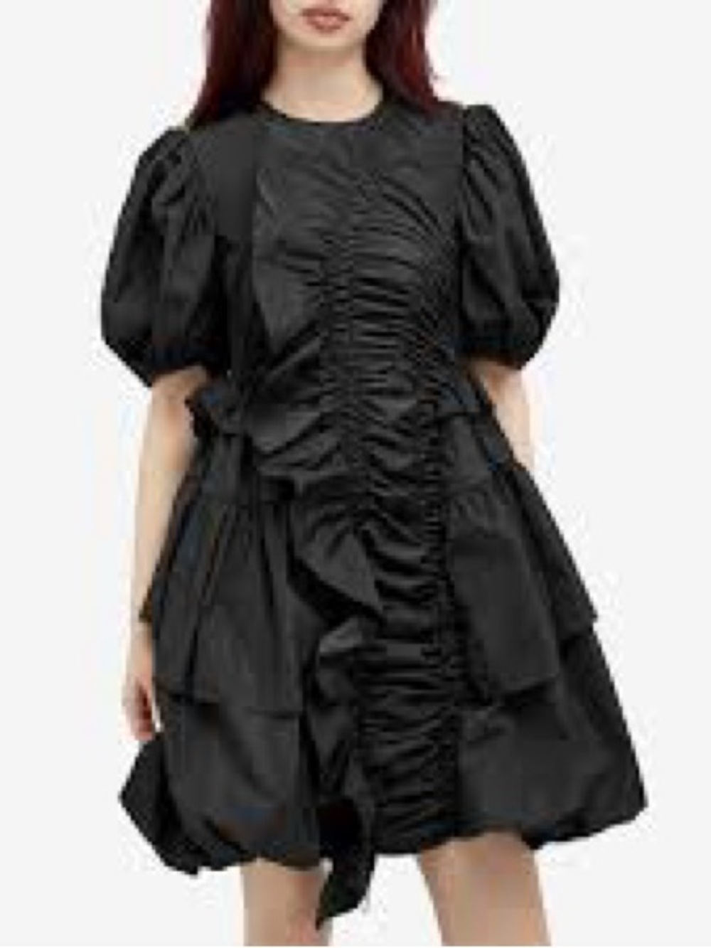 Cecilie Bahnsen Black Ruched Puff-Sleeve Mini Dress